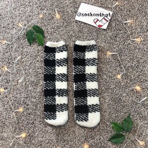 Plaid Black and White Striped Fuzzy Socks Fun Warm Women’s Comfy Comfortable